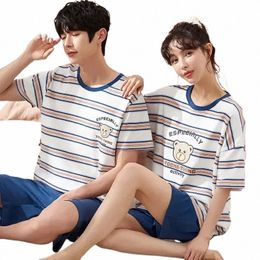 pjs Women Couple Sleepwear Men Matching Carto Summer Pyjamas Cott Set for New Short Leisure Prints And Nightwear Home Sleeve A1jl#