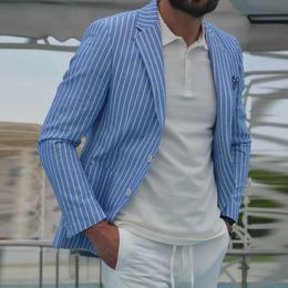 Men Lapel Long Sleeve Suit Coat Striped Print Pockets Buttons Placket Formal Business Blazer Thin Breathable Suit Jacket 240306