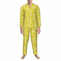 retro Mod Pyjamas Men Frs Yellow Print Soft Home Sleepwear Autumn 2 Pieces Casual Oversized Custom Pyjama Sets d95k#