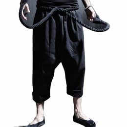 men summer black linen harem pants nightclub stage baggy trousers with rope belt mens gothic punk hip hop joggers street wear L12S#