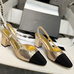 Slingbacks Designer Womens Luxury Dress Shoes Chunky High Heel Sandals 6cm Glitter Matching Gold Heel Sandals Sheepskin Platforms Party shoes
