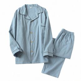 plaid Men Pyjamas Sets Shirt&Pant 2PCS Sleepwear Cott Loose Pyjamas Suit Autumn Male Intimate Lingerie Home Clothing Nightgown i6Dp#