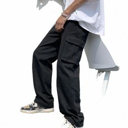 men Cargo Pants Solid Colour Hip-hop Style Loose Pattern Multi Pockets Elastic Waist Men Cargo Pants A1qb#