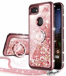 Google Pixel 3a CaseBling Diamond Rhinestone Moving Liquid Holographic Sparkle Glitter Cases with Kickstand Cover for Girls Women2293072