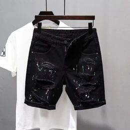 Summer Luxury Kpop Mens Y2K Streetwear Ripped Jeans Trendy Dotting Ink Designer Distressed Casual Boyfriend Black Denim Shorts 240321