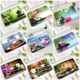 Mats Zen Plant Flower Door Mats Bamboo Lotus Orchid Running Water Spa Garden Scenery Kitchen Rug Bathroom Decor Nonslip Bath Mat Set