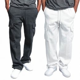 men's Cargo Pants Solid Colour Fleece Multi Pocket Sweatpant Hip Hop Streetwear Handsome Loose Straight Trousers Sports Pants l7QA#