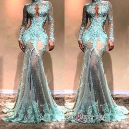 Vintage High Neck Prom Dresses Long Sleeves Mermaid Evening Dresses Illusion Lace Formal Cutaway Side Celebrity Gowns BC0003
