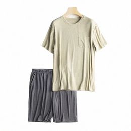 modal Men's Home Wear Thin Summer Short Sleeved Pullover Tops with Shorts Sleepwear Set Skin Friendly Home Men Pyjamas Clothes k0Fv#