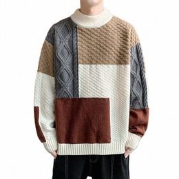 autumn Winter Men Warm Top Sweater New Casual Patchwork Colour Matching Pullover Round Neck Sweater Male Fi Knitted Clothing c6go#