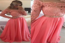 Aline Off Shoulder Floorlength Chiffon Beading Illusion Sleeves Prom Dress Long Sleeves Evening Dress with Beading Belt6615596