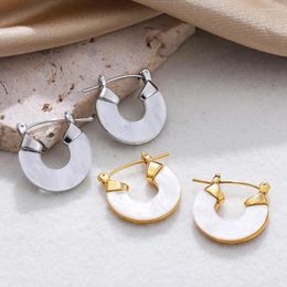 Hoop Earrings Minimalist Thick Shell Opal Circle Round Stainless Steel Gold Plated Hoops Hammered Ear Buckle Elegant Jewelry