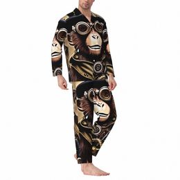 steampunk Mkey Pajamas Set Cute Animal Print Sleepwear Men Lg Sleeve Casual Loose Room 2 Pieces Nightwear Large Size 2XL v9YD#