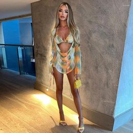 Women's Swimwear 2024 Summer Beach Holiday Two Piece Set Sexy Slit Cuff Plunge Neck Backless Drawstring Ruched Mini Dress Lace Up Bra