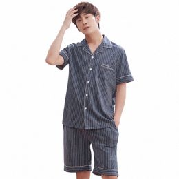 new Summer Men Pyjama Sets 100% Cott Male Short Sleeve Striped Pyjama For Men Sleepwear Homewear L-XXXL S5lw#