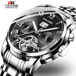 TEVISE Mens Automatic Watches Luxury Stainless steel Tourbillon Moon phase Mechanical Wristwatch Male gifts Relogio Masculino262R