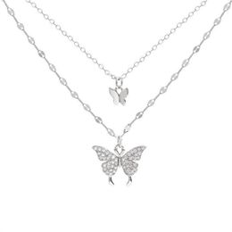Double layered butterfly pendant necklace, women's light luxury temperament,full diamond collarbone chain, exquisite and fashion accessory