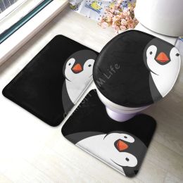 Mats Cute Penguin 3D Bath Mat Toilet Threepiece Set Carpet Waterproof Bathroom Carpets Toilet Seat Cover Floor Mat Bathroom Decor