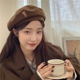 Berets Korean Women Beret Hat Autumn Winter Warm Woollen Beanie Cap For Girl Lady Retro Solid Colour Bear Artist Painter Caps