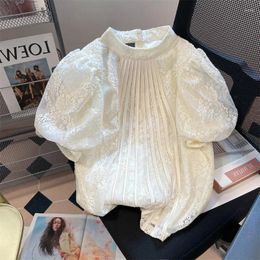 Women's Blouses Temperament Pleated Tops Vintage Blouse Women Stand Neck Puff Sleeve Summer Shirts Chic Embroidery Korean Ladies Blusas De