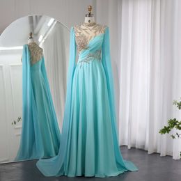 Turquoise Evening Sharon Said Crystal Blue Dresses Long Cap Sleeves High Neck Arabic Women Wedding Dress Party Gown Ss207