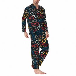 Colourful Glasses Print Pyjamas Set Autumn Smart Eyeglasses Comfortable Home Sleepwear Couple 2 Pieces Oversized Custom Nightwear z9d6#