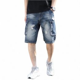 summer Mens Casual Denim Shorts Fi Multi-pocket Solid Colour Light Blue Cargo bermuda Ripped Jeans Shorts Large Size 28-42 A5yh#