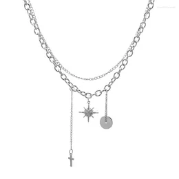 Chains High End Collarbone Necklace Octagonal Cross And Titanium Steel Non Fading Pendant Double-layer Sweater Neck Chain