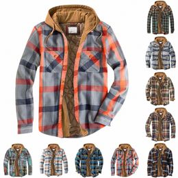 men's Quilted Lined Butt Down Plaid Shirt Add Veet To Keep Warm Jacket With Hood F31m#