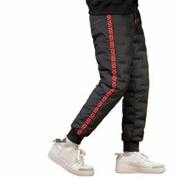 men Down Pants Windproof Snow Warm Cott Pants for Autumn Winter Elastic Waist Drawstring Down Pants with Thickened for Outdoor h9X9#