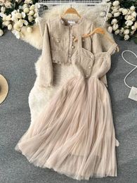 2023 Autumn Spaghetti Strap Woollen Patchwork Mesh Tulles Midi Dress Short Tweed Jacket Coat For Women 2 Pieces Set Outfits 240321