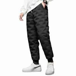 men Autumn Winter Elastic Waist Drawstring Pockets Thickened Joggers Pants Streetwear White Duck Down Padded Thermal Sweatpants A9ul#