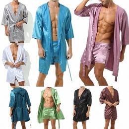 mens Hooded Bathrobe With Shorts Set Short Sleeve Men Pyjama Bath Robe Set Summer Silk Satin Nightgown Kimo Bathrobe Sleepwear l1ag#