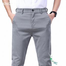 summer High Quality Lyocell Fabric Casual Pants Men Busin Thin Straight Pant Brand Elastic Waist Korea Stretch Trousers Male D2eU#