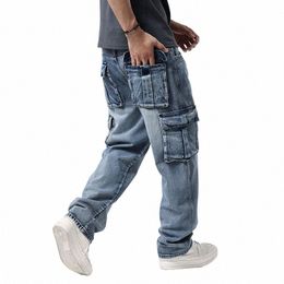 idopy Multi-pocket Cargo Men's Jeans Loose Straight Outdoor Plus Size 29-46 Military Army Denim Pants Trousers p2ev#