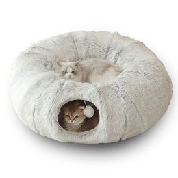 Mats Cat Tunnel Cat Bed Cave with Mat for Indoor Cat Ferret Collapsible Plush Cat Cave Tube Donut Tunnel Multifunctional Cat Toys