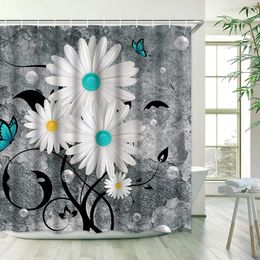 Shower Curtains Fashion Curtain Beautiful White Daisy Flower Art Pattern With Hook Waterproof Fabric Bathroom Decoration
