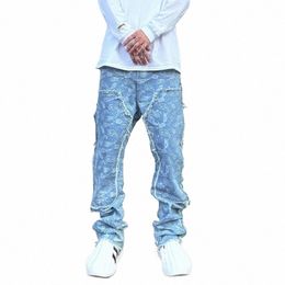 y2k Frayed Urban Cew Fr Full Print Patchwork Baggy Flare Jeans for Men Straight Pantales Hombre Oversize Denim Trousers q4ps#