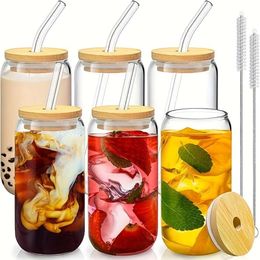 1 Set Cups with Bamboo Lids and Glass Straw - Beer Can Shaped Drinking 16 Oz Iced Coffee Glasses, Cute Tumbler Cup for Smoothie, Boba Tea, Whiskey, Water