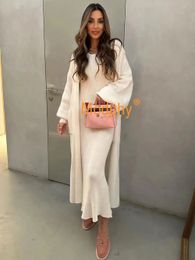 Modphy Solid Knitted Sweater Long Dress Set Women Oversized Cardigan Coat Sleeveless Slim Two Piece Casual 240323