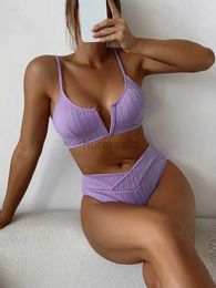 Women's Swimwear Sexy high waisted bikini swimsuit womens deep V-neck solid swimsuit 2023 womens ribbed push up beach suit 240326