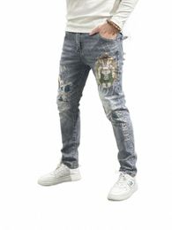 spring Designer Clothes Casual Men's Denim Jeans with Rabbit Print Slim Fit Light Blue Tight Jeans Korean Jeans Men's Luxury New c85D#