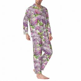 hydrangea Floral Pajamas Man Pink Lavender Print Lovely Room Sleepwear Autumn 2 Pieces Vintage Oversize Design Pajama Sets 58Si#