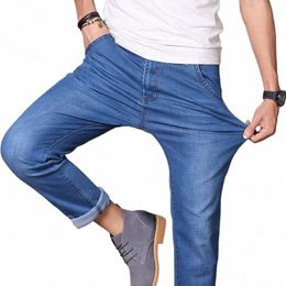 2023 Summer Classic Men Thin Denim Jeans Lightweight Cott Elastic Medium high waist Fit Straight Youth Simple Casual Trousers E771#