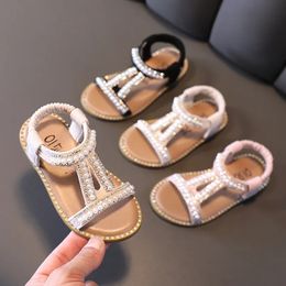 Summer Girls Sandals Fashion Pearl Roman Sandals Rhinestone Kids Princess Shoes Soft Bottom 240312