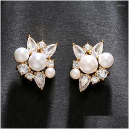 Stud Earrings European And American Pearl For Women Drop-Shaped Micro Paved Zircon High-End Cold Style Earring Party Jewelry Drop Deli Otozs