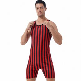 mens Striped Wrestling Singlet Bodysuit Weight Lifting Stretchy Leotard Workout Fitn Outfits Athletic Jumpsuit Home Nightwear F3fE#