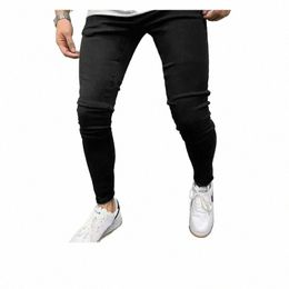 2024 New Men's Solid Colour Fi High Street Elastic Tight Small Foot Jeans High-quality Casual Vintage Daily Knitted Pants f7u2#