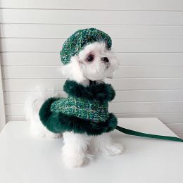 Harnesses Dog Harness and Leash set Christmas Green Colour Warm Collar Jakcet Fur Coat for Small Dogs Puppy Items