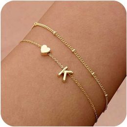 DEARMAY Dainty Initial Heart Gold Bracelets for Women Trendy 14K Real Gold Letter Charm Bracelet Jewellery Cute Simple Fashion Chain Bracelets for Women Girls Gift